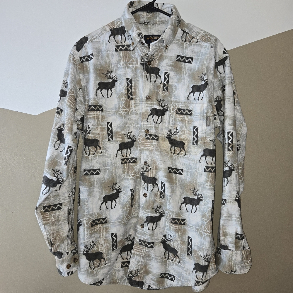 Woolrich Vintage Rare Heavy Flannel Elk Animal AOP Button Shirt Mens Size Medium